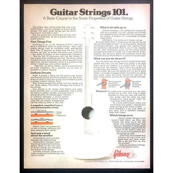 1975 Gibson Guitar Strings 101 "Basic Course in Sonic Properties" promo print ad - Picture 1 of 1